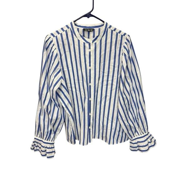 J.Crew Large Long Sleeve w/Ruffle Cuffs Button Up Top Stripes Blouse Blue White - Picture 5 of 14